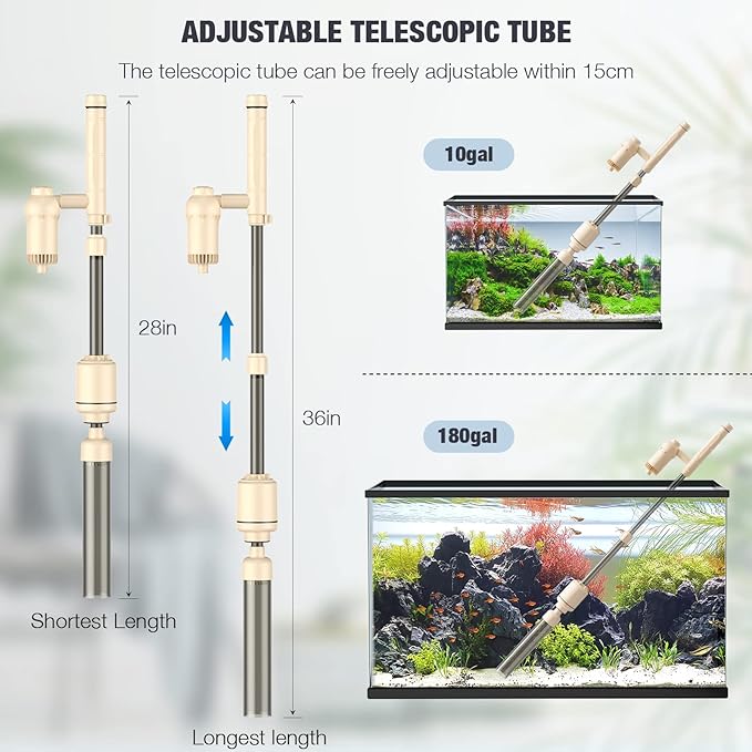 AKKEE Aquarium Vacuum Gravel Cleaner: 18W Gravel Vacuum for Fish Tank with Strong Suction for Automatic Change Water, Remove Dirt Wash Sand Water Shower and Water Circulation, Beige AKKEE