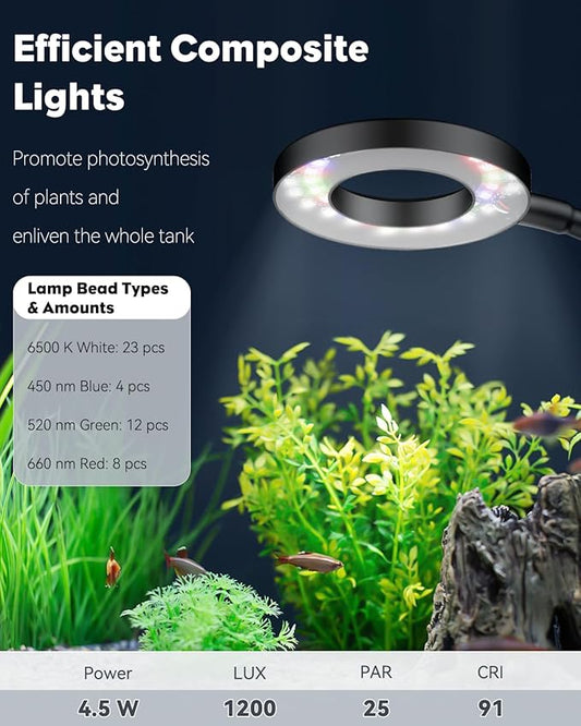 Pawfly 4.5 W LED Aquarium Light for 1 to 5 Gallon Fish Tanks Clip On Fish Tank Light USB Moving Aquarium Lamp with Full Spectrum Dimmable White Blue Red Green Lights with Timer (Adapter Not Included) Pawfly