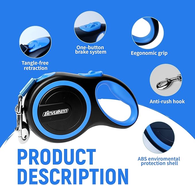 10 FT Retractable Dog Leash with No Tangle for Dog up to 33lbs, One-Handed Brake, with Non-Slip Handle, Strong Nylon Tape for Small and Medium Dogs - PAWPICO