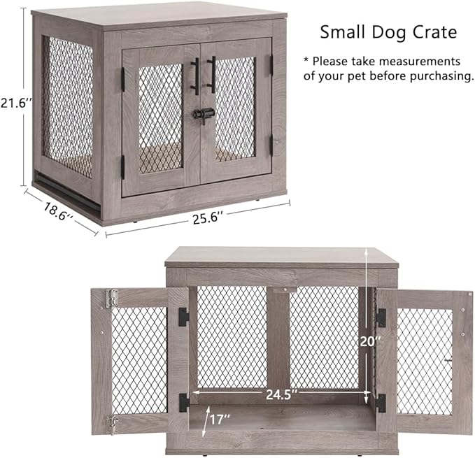 unipaws Dog Crate Furniture, Wooden Dog Kennel for Small Breed, Indoor Decorative Wood Dog Cage, Inside Side End Table Crate with Tray and Dog Bed for Puppy, Cats, Min Pigs, Rabbit, Up to 25 lbs - PAWPICO