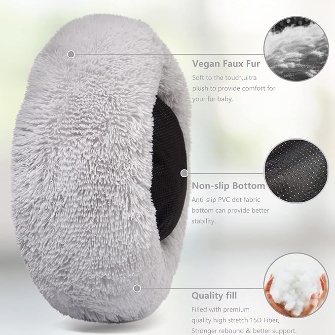 Extra Small Dog Bed Cute Grey Dog Bed Washable 19 inches Donut Fluffy Small Pet Beds,Calming Anti Anxiety Round Fits up to 10 lbs Soft Warm Pets Beds for Puppy Dogs Indoor - PAWPICO