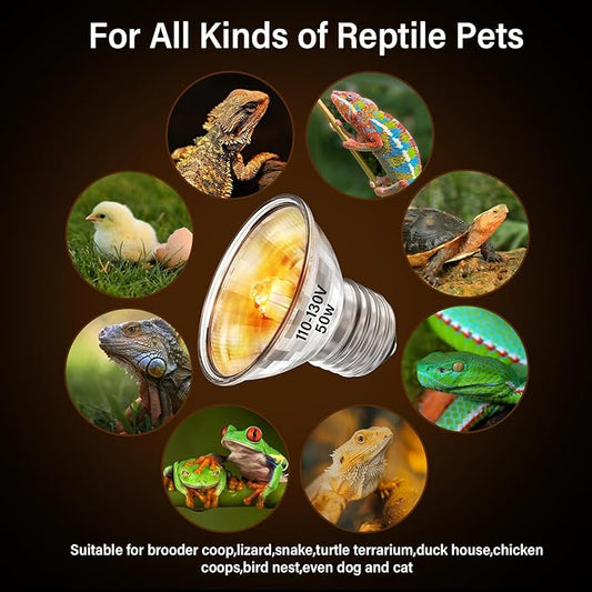 50W Turtle Reptiles Heat Lamp Bulb,4-Pack UVA UVB Heating Bulbs for Reptiles and Amphibian Tanks,Terrariums and Cages,Works with Various E26 Base Lamp Fixtures PAWPICO