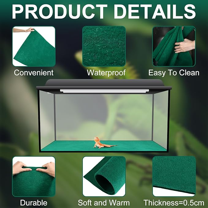 Haull 4 Pcs 24" x 47" Reptile Carpet Pet Terrarium Floor Liners Bedding Substrate Liner Supplies Reptile Cage Mat Tank Accessories for Lizard Bearded Dragon Tortoise Snake Leopard (Green) Kedauud