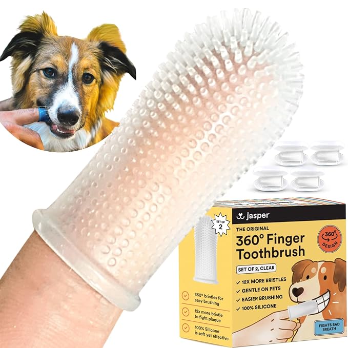 Jasper Dog Toothbrush, 360-Degree Silicone Dog Finger Toothbrush with Storage Cases, Dog Tooth Brushing Kit, Dog Teeth Cleaning Kit for Medium and Large Dogs, Use with Dog Toothpaste, 4-Pack Clear JASPER%C2%AE