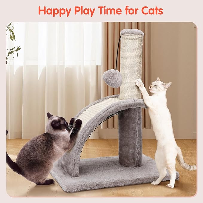 Nobleza Cat Scratching Post for Indoor Cats, Durable Natural Sisal Rope Cat Scratch Post with Cat Self Groomer, Sturdy Cat Scratcher Post for Kittens Small Cats with Funny Hanging Ball, Light Grey - PAWPICO