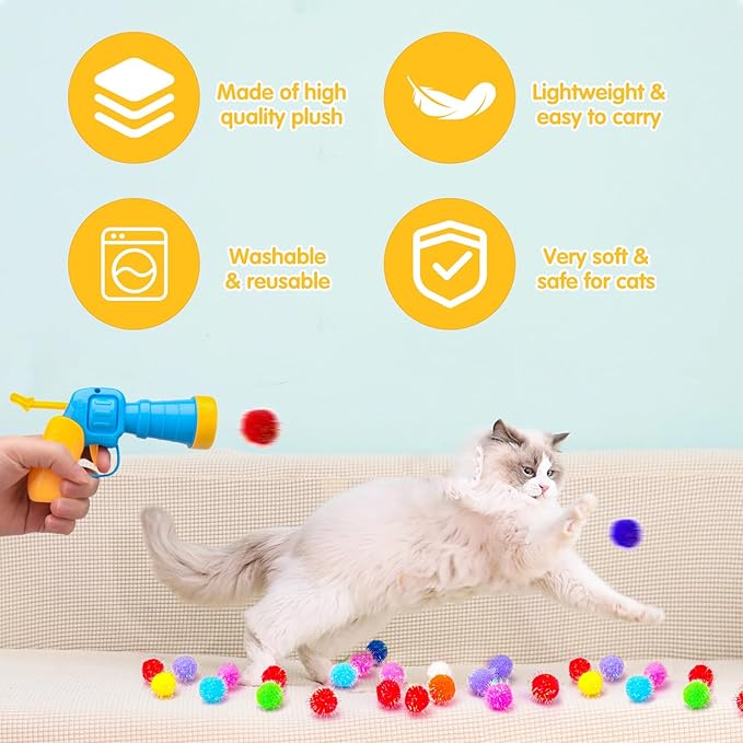 BooTaa Pet Toys, Interactive Cat Toy Set, 80pcs Glitter Pom-Poms Cat Ball Toy with 1 Launcher, Safe Soft Cat Toy Balls for Fetch, Training, Playing - PAWPICO