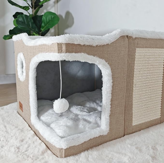 Large Cat Bed for Indoor Cats, Foldable Adult Cat Cave Anti Anxiety Cat House Cube with Scratch Pad Cat Towers, Cute Kitten Condo Hideaway Hut with Soft Pillow Mat for 2 Pets Under 30 lbs Kaki - PAWPICO