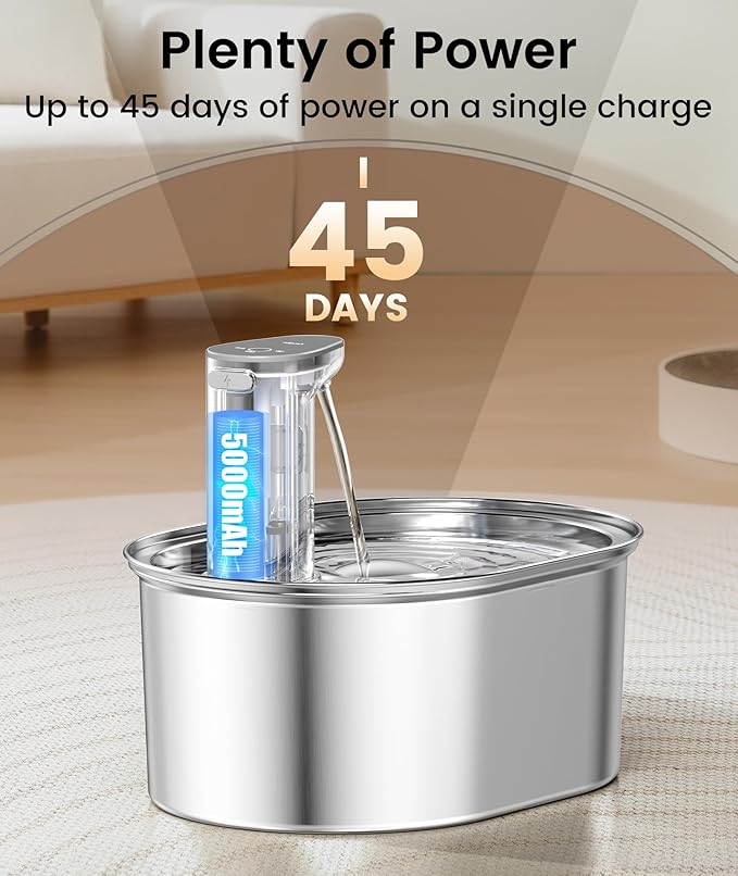 Wireless Cat Water Fountain, 3.5l/108oz Stainless Steel Pet Fountain with Motion Sensor, Ultra-Quiet Battery Operated Cat Fountain with 3 Working Modes, Suitable for Many Pets, (6 Filters + 6Sponge) - PAWPICO
