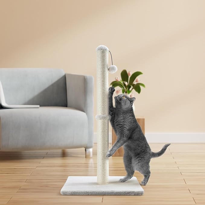 Dimaka 34" Tall Cat Scratching Post for Large Cats and Kittens, High Vertical Scratcher with Premium Natural Sisal Rope and Interactive Hanging Ball for Indoor Cats(Beige, 34 inches) - PAWPICO