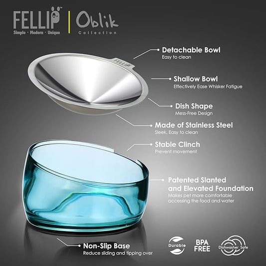 Felli Pet Oblik Whisker Fatigue Cat Food Bowl Raised Stainless Steel Shallow Dish Pet Friendly Modern Design, Anti Vomiting Elevated Wide Plate Feeder No Slip Weighted Acrylic Base (0.5Cup, Sapphire) - PAWPICO