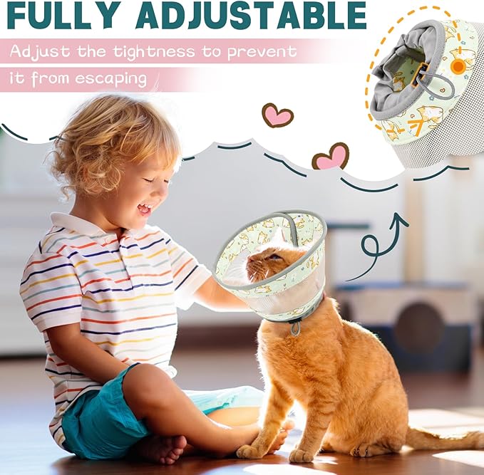 Cat Cone, Breathable Cat Cone Collar Soft, Adjustable Cat Cone to Stop Licking, Water Resistant Neck Cone for Cats with Air Mesh, Protective Cat Recovery E Collar for Cat Kitten(Green Cat,L GoGoPaw