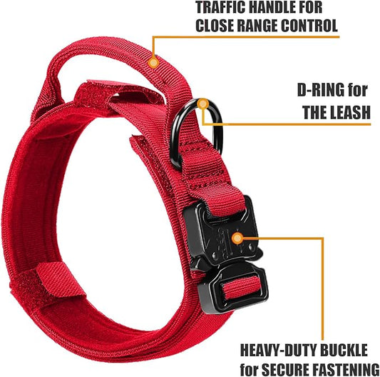 Tactical Dog Collar Military Dog Collar Adjustable Nylon Dog Collar Heavy Duty Metal Buckle with Handle for Dog Training,with Patches (Red, M) Celifelight