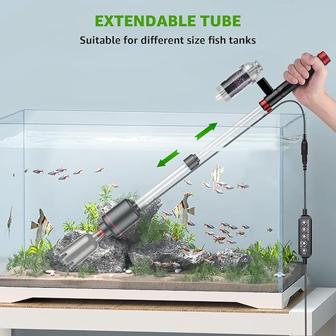 24W Aquarium Vacuum Gravel Cleaner: Electric Fish Tank Cleaner Vacuum with Strong Suction for Automatic Water Change, Algae Cleaner Sand Wash Water Shower and Water Circulation, Timed Off Suness