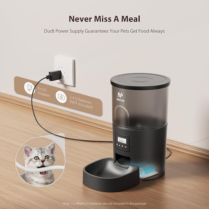 Automatic Cat Feeders, 3L Timed Cat Dry Food Dispenser, Dual Power Supply, Programmable Portion Size, 1-6 Meals Per Day, Auto Pet Feeder for Cats and Small Dogs - PAWPICO