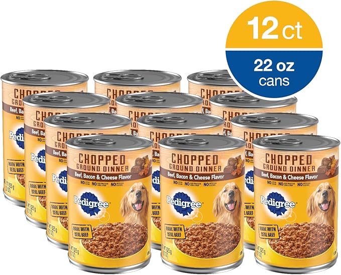 PEDIGREE CHOPPED GROUND DINNER Adult Canned Soft Wet Dog Food Beef, Bacon & Cheese Flavor, 22 oz. Cans (Pack of 12) - PAWPICO
