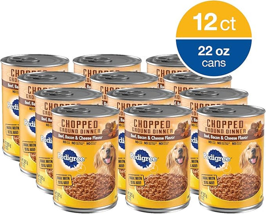 PEDIGREE CHOPPED GROUND DINNER Adult Canned Soft Wet Dog Food Beef, Bacon & Cheese Flavor, 22 oz. Cans (Pack of 12) - PAWPICO