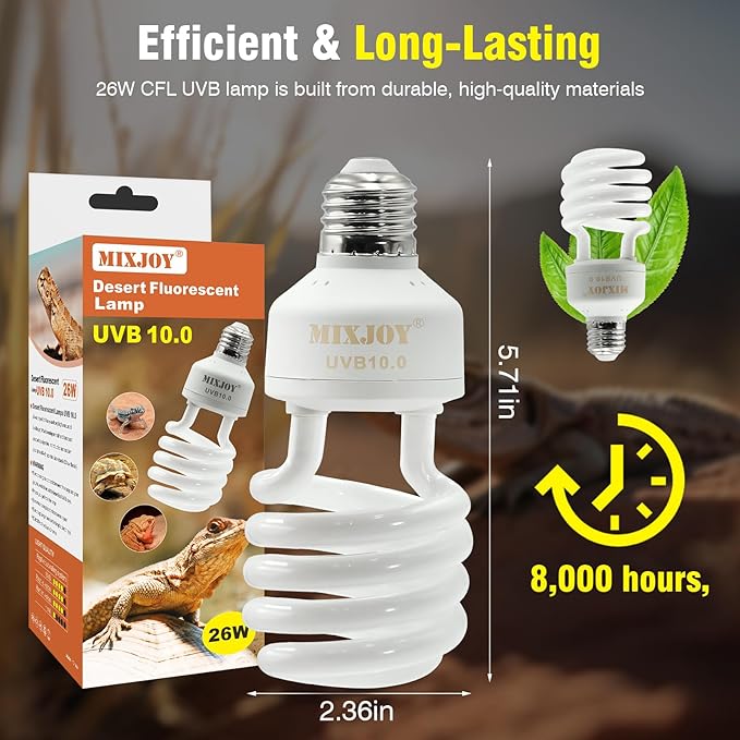 MIXJOY UVB Bulbs for Reptiles 10.0, 26W Desert UVA UVB Light, Compact Fluorescent UVB Lamp for Reptiles, UVB Light for Bearded Dragon, Tortoise, and Other Lizards MIXJOY
