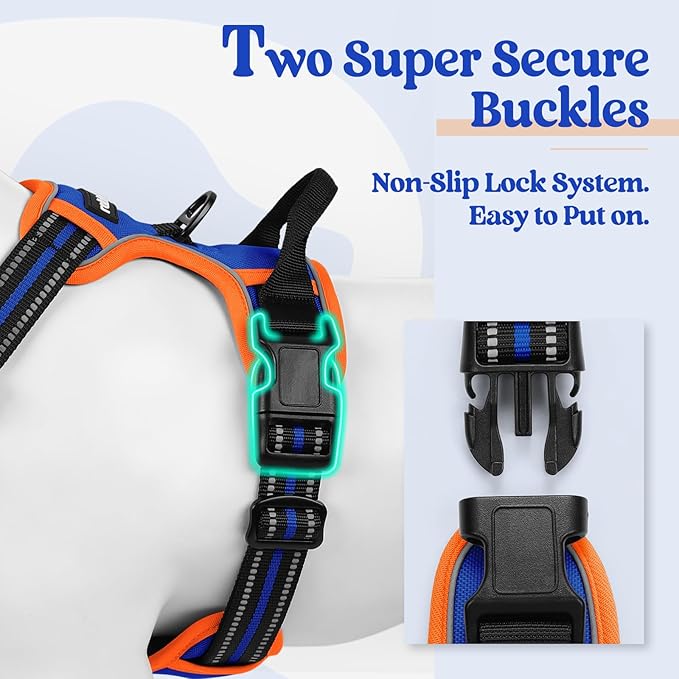 rabbitgoo Dog Harness No Pull with 2 Leash Clips, Adjustable Soft Padded, Reflective Oxford No Choke Pet Vest with Easy Control Handle for Large Dogs, Blue & Orange, L rabbitgoo