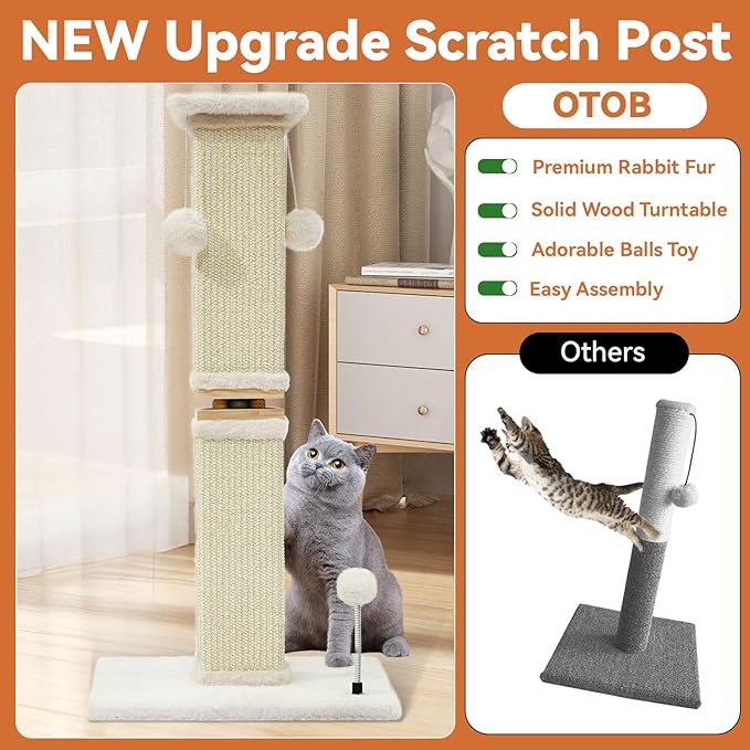 OTOB Cat Scratching Post 33 Inch, Nature Sisal Scratching Posts for Indoor Cats Adults Kitten, 6-in-1 Interactive Turntable Cat Scratch Post Protect Your Furniture, Large Cat Scratcher, Beige - PAWPICO