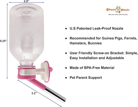 Choco Nose Patented No-Drip Water Bottle/Feeder for Guinea Pigs/Hamsters/Bunnies/Ferrets/Other Small Pets, Critters and Animals -for Cages, Crates or Wall Mount. 10.2 oz. Nozzle 10mm, Pink (C128) ChocoNosePetSupplyWeLovePetsLikeYouDo