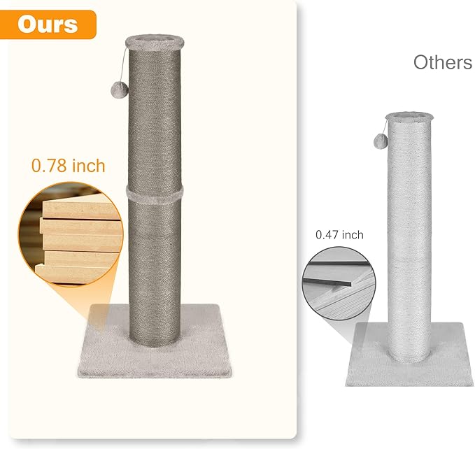 PAWSCRAT Cat Scratching Post 32 Inch High, 5.5 Inch Large Diameter Natural Sisal Cat Scratch Post, Scratch-Resistant and Durable Tall Cat Scratcher for Indoor Cats, Protect Your Furniture, Gery - PAWPICO