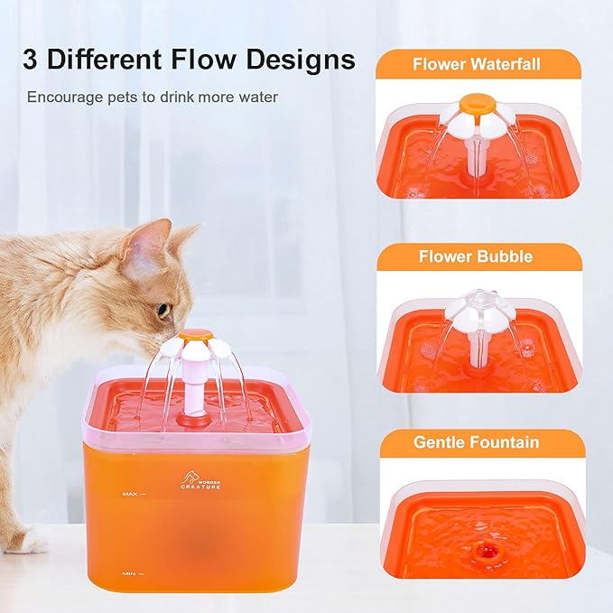Cat Water Fountain, 67oz/2L Automatic Cat Drinking Fountain, Pet Water Fountain with LED Light and Filter for Cats and Small Dogs (Orange) - PAWPICO