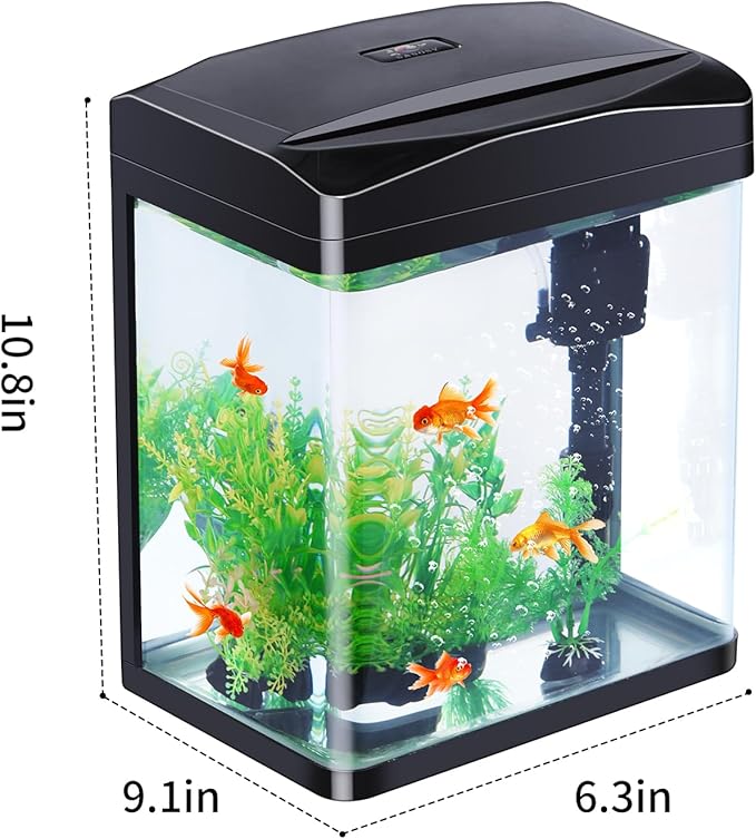 2 Gallon Aquarium Starter Kit Small Glass Betta Fish Tank Desktop Mini Fish Bowl for Shrimp Goldfish with Filter Pump LED Light PAWPICO