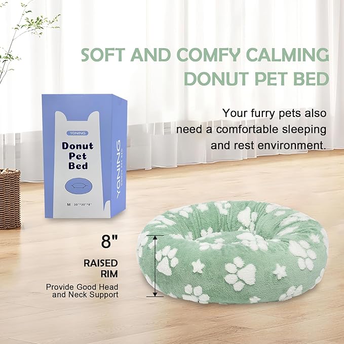 Donut Dog Beds for Medium Dogs, Calming Round Cat Beds for Indoor Cats, Cute 3D Textured Paw Pet Bed with Removable Washable Cover and Anti-Slip Bottom(Green,30") - PAWPICO