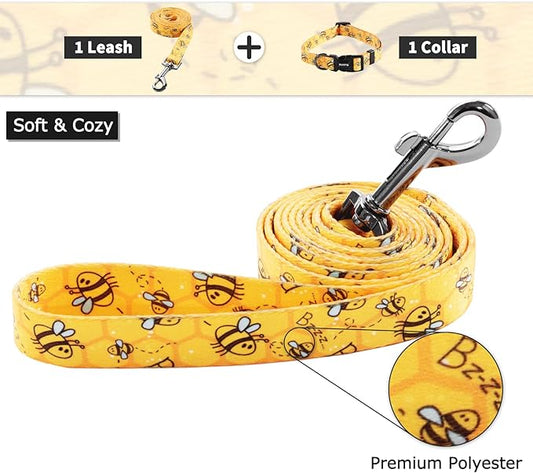 Ihoming Dog Collar and Leash Set for Daily Outdoor Walking Running Training, Bee Design for Small Boys Girls Dogs Cats Pets, S-Up to 20LBS Ihoming