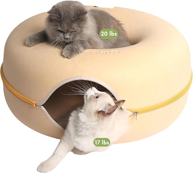 CATTASAURUS Peekaboo Cat Cave for Multiple & Large Cats Up to 30-45 Lbs, Scratch Detachable & Washable Tunnel Bed, Comfy Donut Cat Cave (Pastel Macaron, Large) - PAWPICO