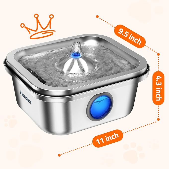 Cat Water Fountain Stainless Steel, 4L/135oz Pet Fountain, Automatic Dog Drinking Dispenser with Water Level Window, Filter, Quiet Pump, Silver - PAWPICO