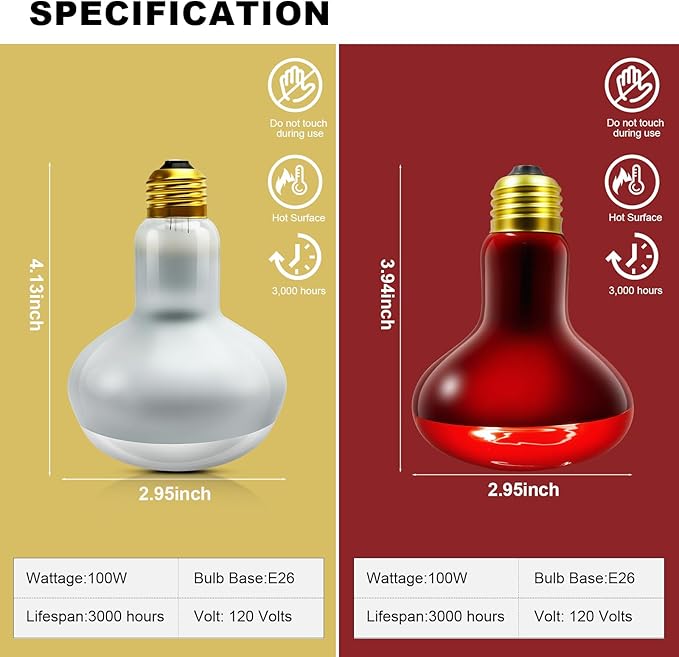 MIXJOY 100W Reptile Heat Lamp Bulb Combo, 2PCS Day & Night Reptile Heat Bulbs, UVA Daylight Intense Heat Basking Bulb Infrared Heat Light Bulb for Reptiles, Lizard, Tortoise, Bearded Dragon Chickens MIXJOY