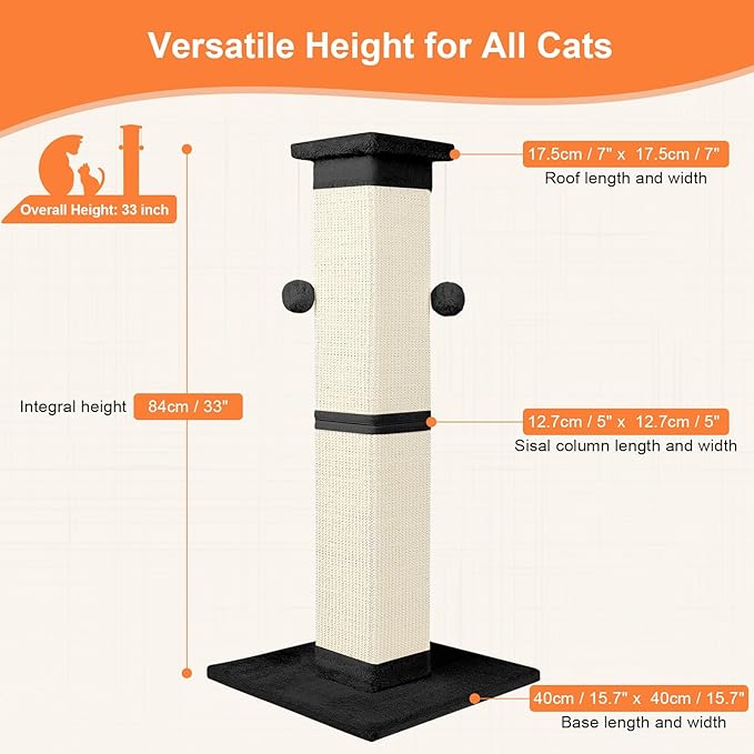Cat Scratching Post 33 Inch Nature Sisal Cat Scratch Post for Indoor Cats, Large Cat Scratcher Protect Your Furniture, Black - PAWPICO