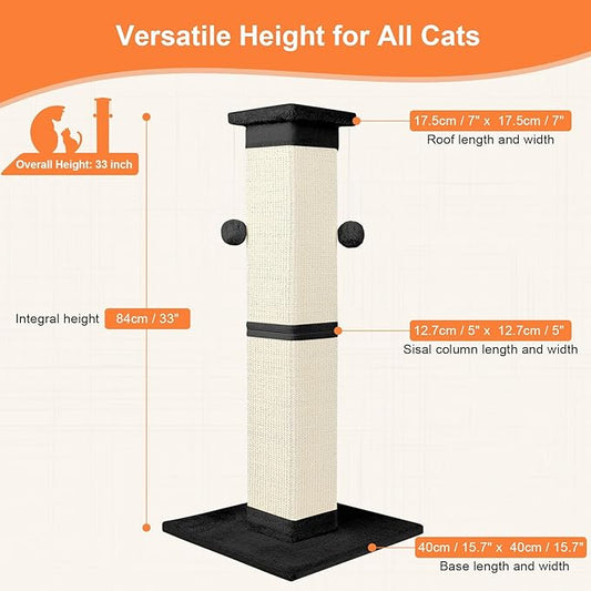 Cat Scratching Post 33 Inch Nature Sisal Cat Scratch Post for Indoor Cats, Large Cat Scratcher Protect Your Furniture, Black - PAWPICO