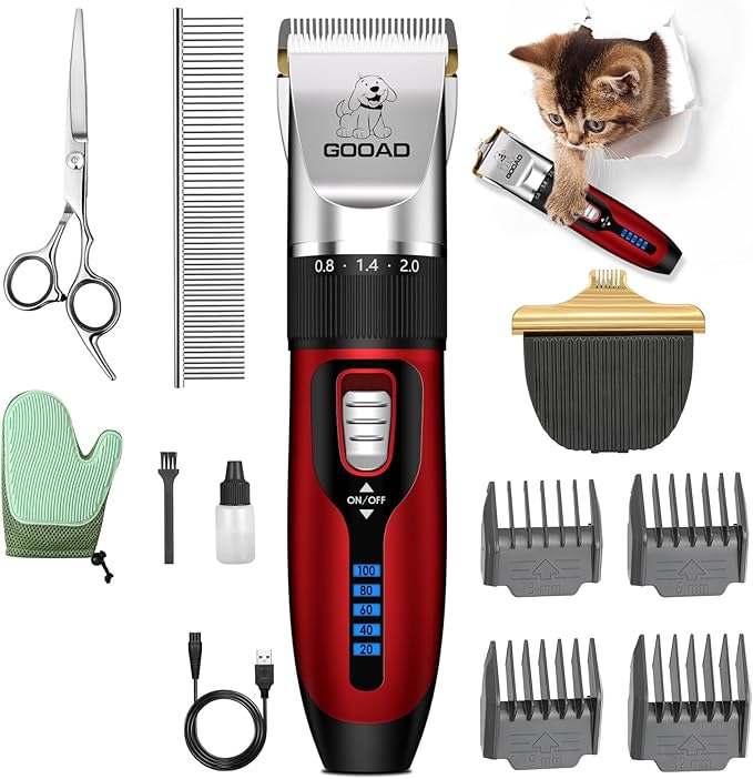 Cat Clippers for Matted Hair, Cat Grooming Kit, Cordless Cat Shaver for Long Hair, Low Noise Paw Trimmer, Cat Hair Trimmer for Grooming,Quiet Pet Hair Clippers Tools for Cats Dogs (Red) - PAWPICO