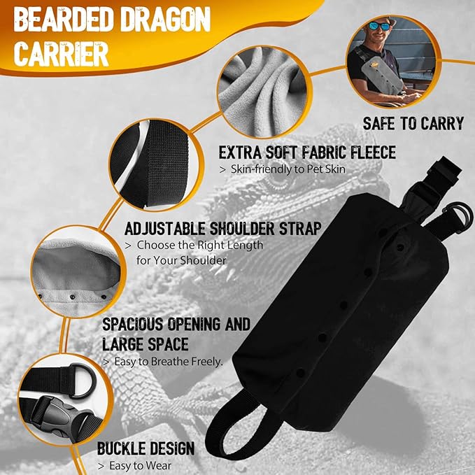 WATFOON Adjustable Lizard Leather Leash Harness and Bearded Dragon Carrier Sling, Reptile Small Pet Training Leashes and Beardie Snuggle Sling Bag for Outdoor Travel (L Black Sling) WATFOONpets