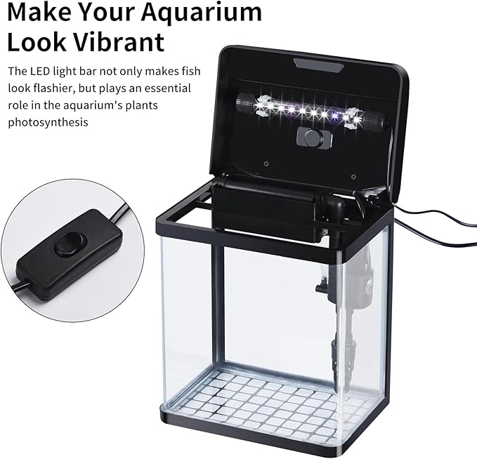 2 Gallon Aquarium Starter Kit Small Glass Betta Fish Tank Desktop Mini Fish Bowl for Shrimp Goldfish with Filter Pump LED Light PAWPICO