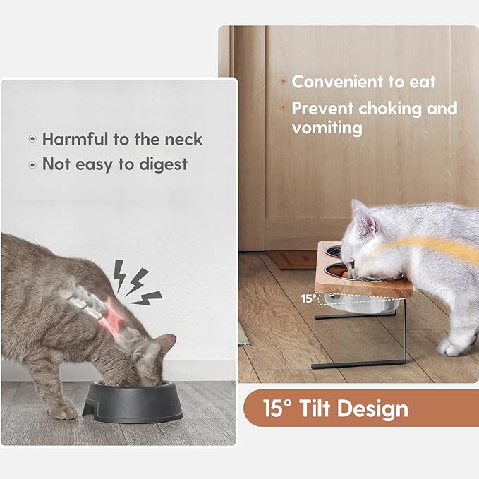 Elevated Cat Bowls, 15° Tilted Raised Cat Food Bowls Wood Pet Bowls with Stand Anti Vomiting 2 Stainless Steel Bowls for Cats and Puppy - PAWPICO