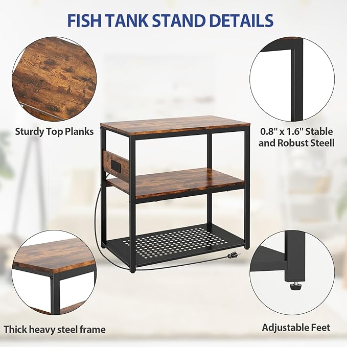 20-29 Gallon Fish Tank Stand With Power Outlets, 3-Tier Metal Aquarium Stand, Breeder Reptile Tank Stand with Shelf for Home Office, 660LBS Capacity, 29.5 x 15.8 x 30.1 inches Livofloral