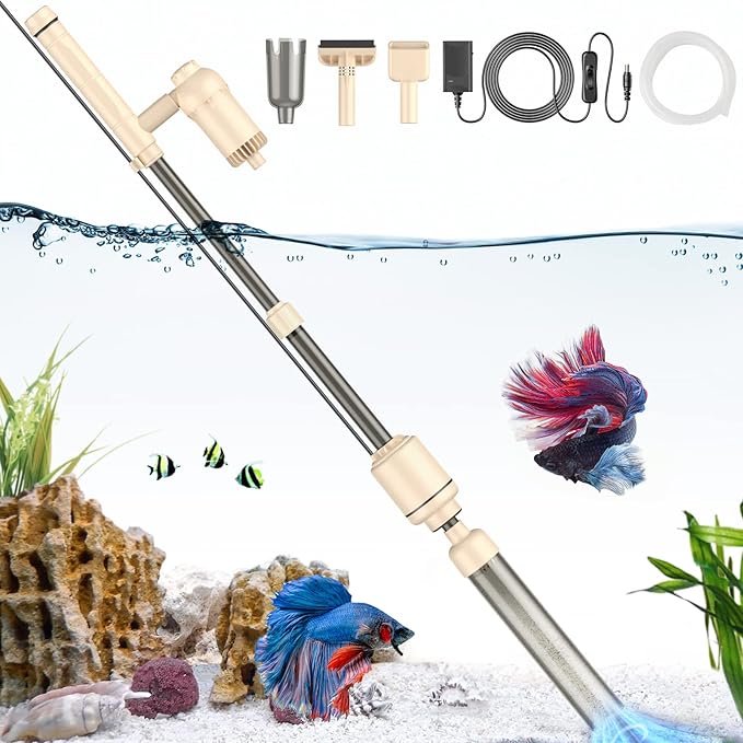 AKKEE Aquarium Vacuum Gravel Cleaner: 18W Gravel Vacuum for Fish Tank with Strong Suction for Automatic Change Water, Remove Dirt Wash Sand Water Shower and Water Circulation, Beige AKKEE
