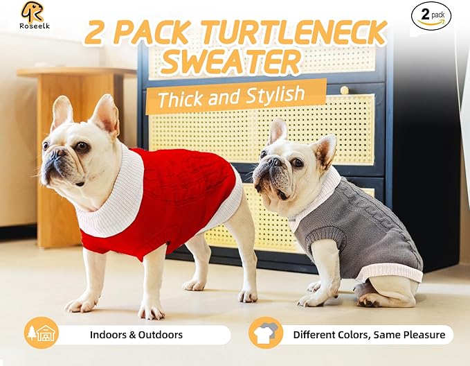 2 Pack Dog Christmas Sweaters for Small Dogs - Puppy Medium Warm Clothes Winter, Turtleneck Pullover Design for Male Boy Girl Pet, Doggie, Cat, Kitten Chihuahua Bulldog (S, Xmas Red, Grey) - PAWPICO