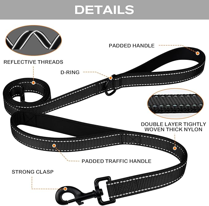 Joytale Dog Leash Heavy Duty for Large Dogs That Pull, Double Handle for Traffic Control, Double-Sided Reflective Leashes for Large Medium Dogs Night Safety, 6FT, Black Joytale