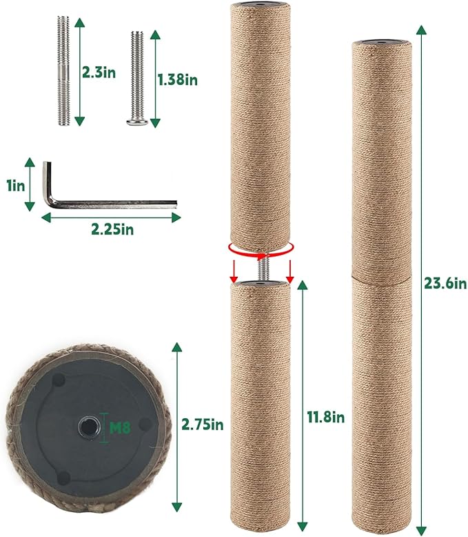 BNOSDM 4 Pcs 11.8”x2.75” M8 Replacement Scratching Post for Cat Tree Tower Rope Scratch Poles Refill Sisal Pole Part for Refurbishment Hemp Grey - PAWPICO