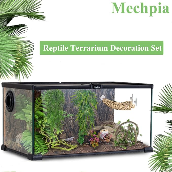 11 Pieces Bearded Dragon Tank Accessories, Reptile Hammock Plants and Vines Terrarium Branch Plants Habitat Decoration for Lizard Gecko Snake Hermit Crab Mechpia