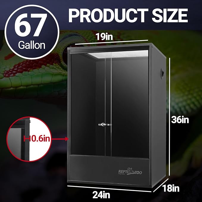 REPTIZOO 67 Gallon PVC Tall Reptile Tank, 24" x18”x36” Large Reptile Terrarium for Gecko Lizard Chameleon Frog Snake, Reptile Enclosure Habitat with Sliding Door & Top Screen Ventilation REPTIZOO