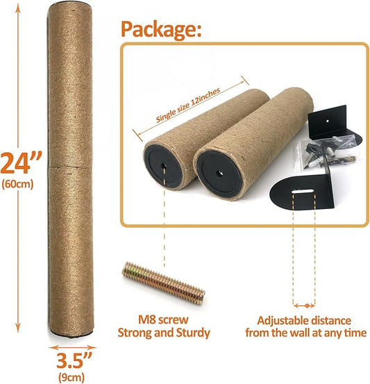 Cat Scratching Post Wall Mounted, 24 inch Tall 3.5 inch Diameter Cat Tree Scratch Post, Hemp Rope Scratcher Posts for Indoor Kittens and Large Cats with Screws - PAWPICO