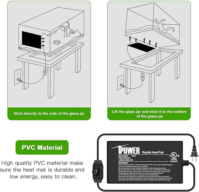iPower 4 by 7-Inch 4 Watts Reptile Heating Mat with Temperature Controller Under Tank Warmer Terrarium Heat Pad for Reptiles and Amphibians, Black iPower