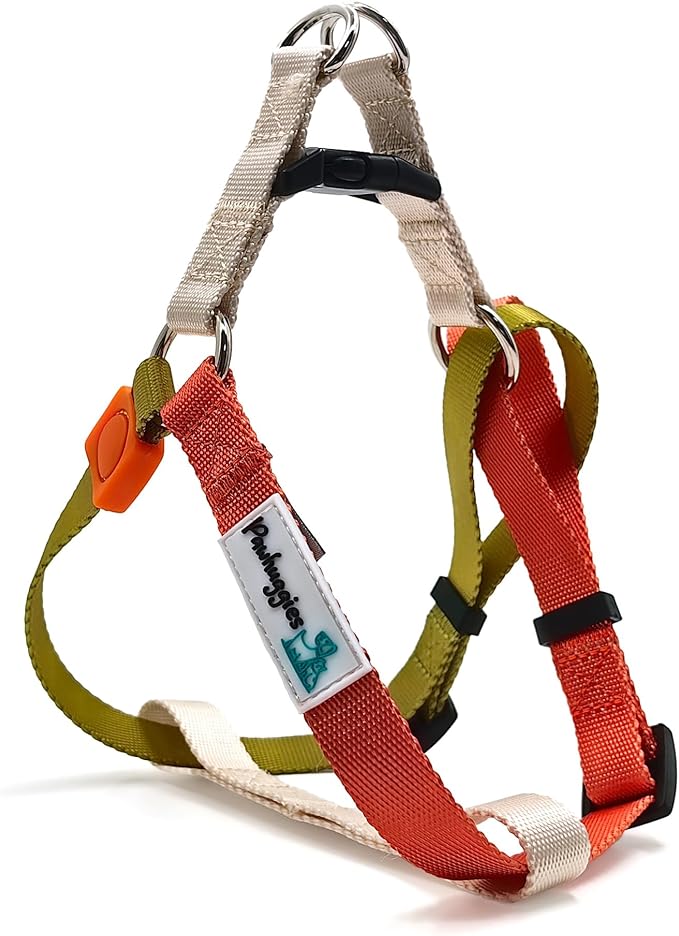 Tri-Color Dog Harness, Adjustable, No Pull, Easy Walk, Large, Red/Yellow/White Pawhuggies