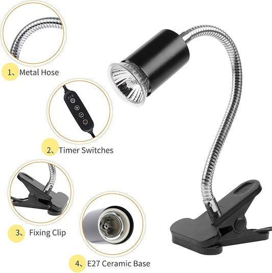 LUCKY HERP Reptile Heat Lamp with Clamp, Aquarium Turtle Tank Basking Light with 360° Rotatable Timing & Dimming and 2 Pack 50W UVA UVB Heat Light Bulb for Turtle Tortoise Lizard LUCKYHERP