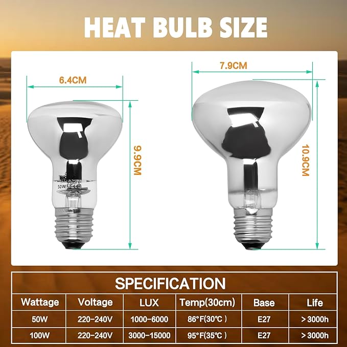 LUCKY HERP Heat Lamp Bulbs, UVA Intense Basking Spot Light Reptile Heat Lamp(Clear) 50W, Simulated Natural Sunlight Heat Lamp Bulbs for Reptile, Bearded Dragon, Amphibian, Turtle, Snake, Lizard LUCKYHERP